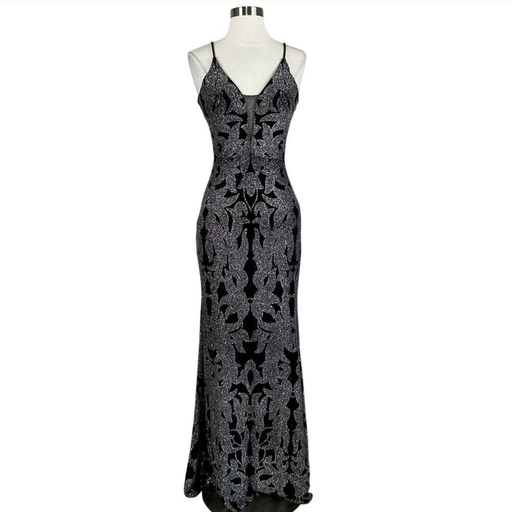 Betsy & Adam Elegant Black Maxi Dress with Silver Accents